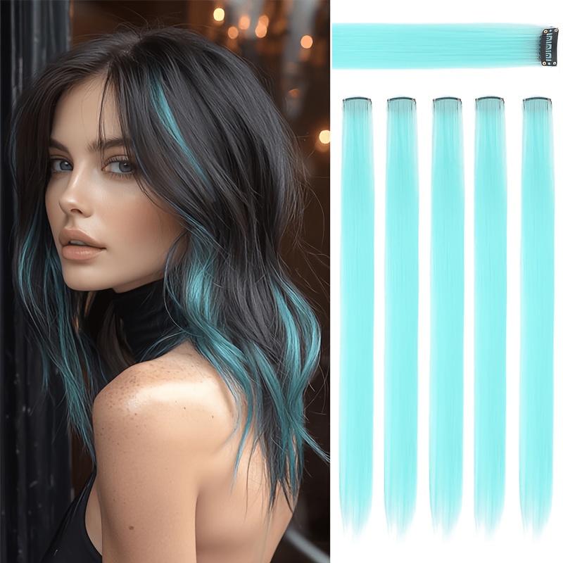 TEMU 5pcs Mint Green Hair Extensions | 24" Clip-in Hair Extension | Straight Long Hair Extensions Clip-in Hair Synthetic Straight Hair Piece Suitable