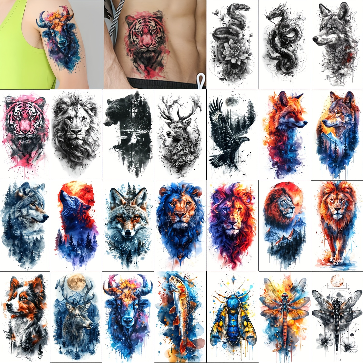 

Glaryyears 24 Sheets Large Temporary Tattoo For Men, Watercolor Realistic Tattoos, Long- Fake Tattoo Stickers, Body Half Arm Tattoos, Insect Animals Tattoo Design For