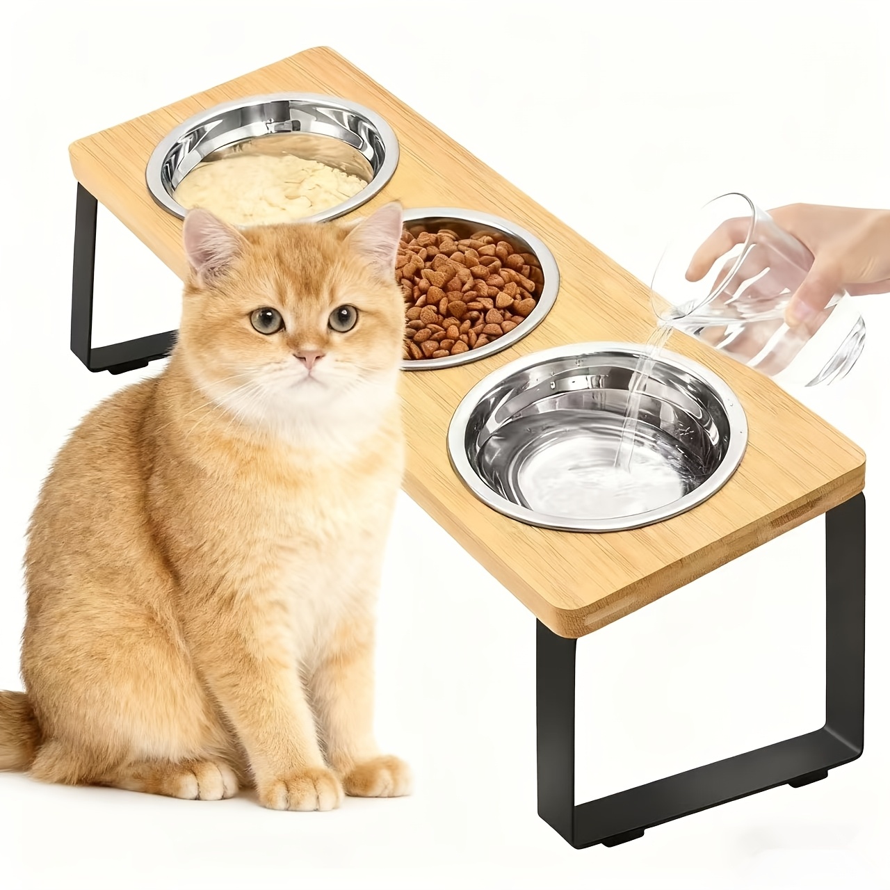 Image of Wooden Stand For Elevated Cat Bowls Featuring 3 Stainless Steel Dishes, Ideal For Feeding And Watering Your Puppies And Cats