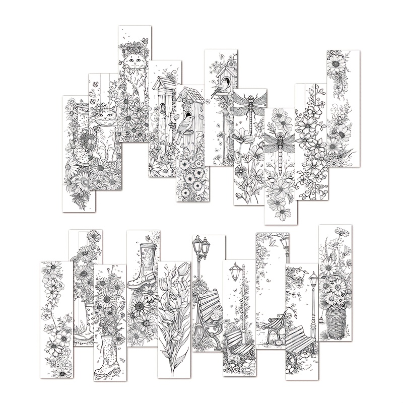 TEMU 20pcs Pack Diy Coloring Bookmarks Suitable For Relax Coloring Books, Cat & Flower Page Clips With Page Dividers, Colorable Bookmarks For,