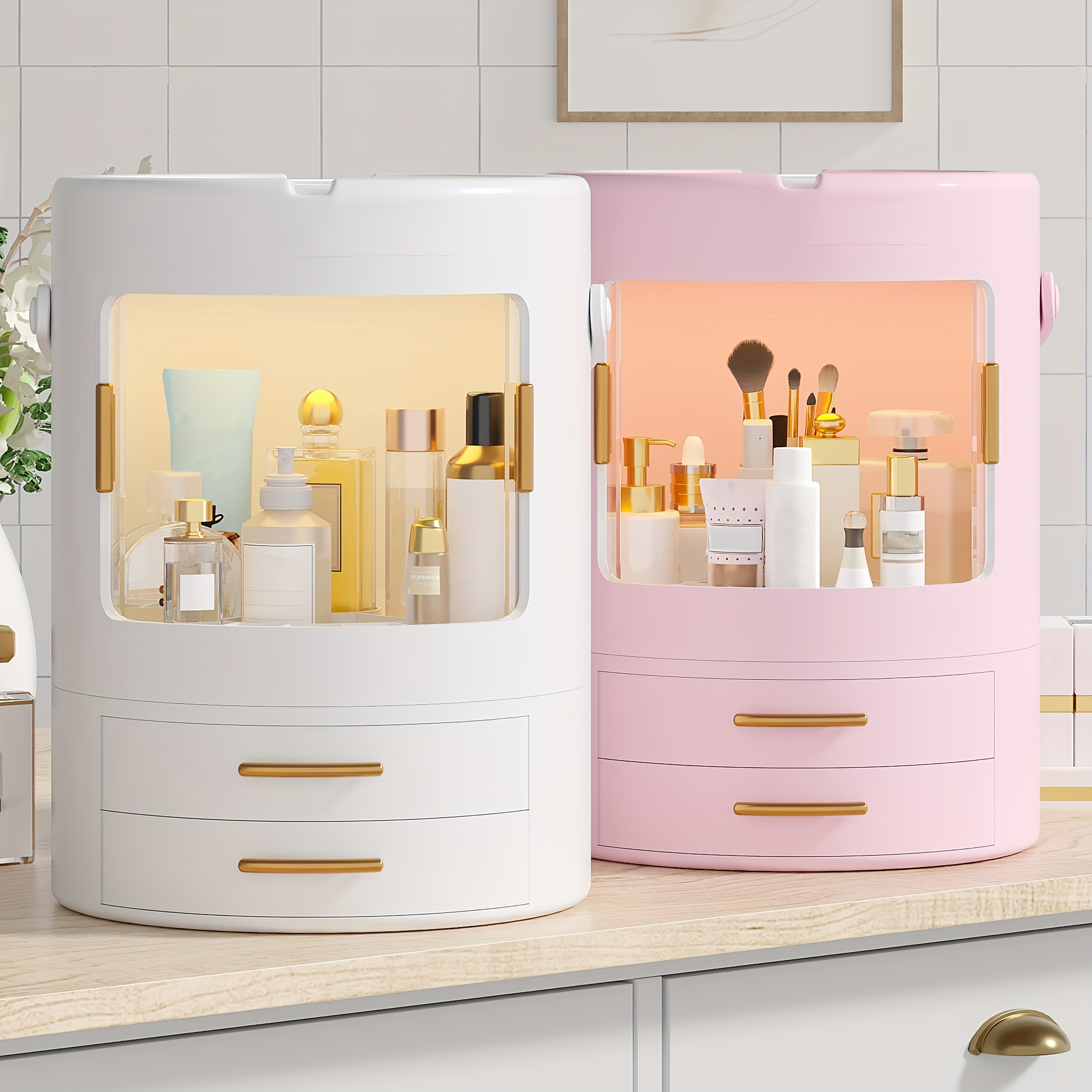 VEceLO Cosmetic Storage Organizer with Mirror, Freestanding Plastic Makeup Display Case with Lid and Drawers, US Plug, Powder Coated Finish, for Bathroom Vanity or Countertop - Ideal Gift for Women, Vanity Display Case|Sleek White Vanity|Plastic Construction, Makeup Organizers