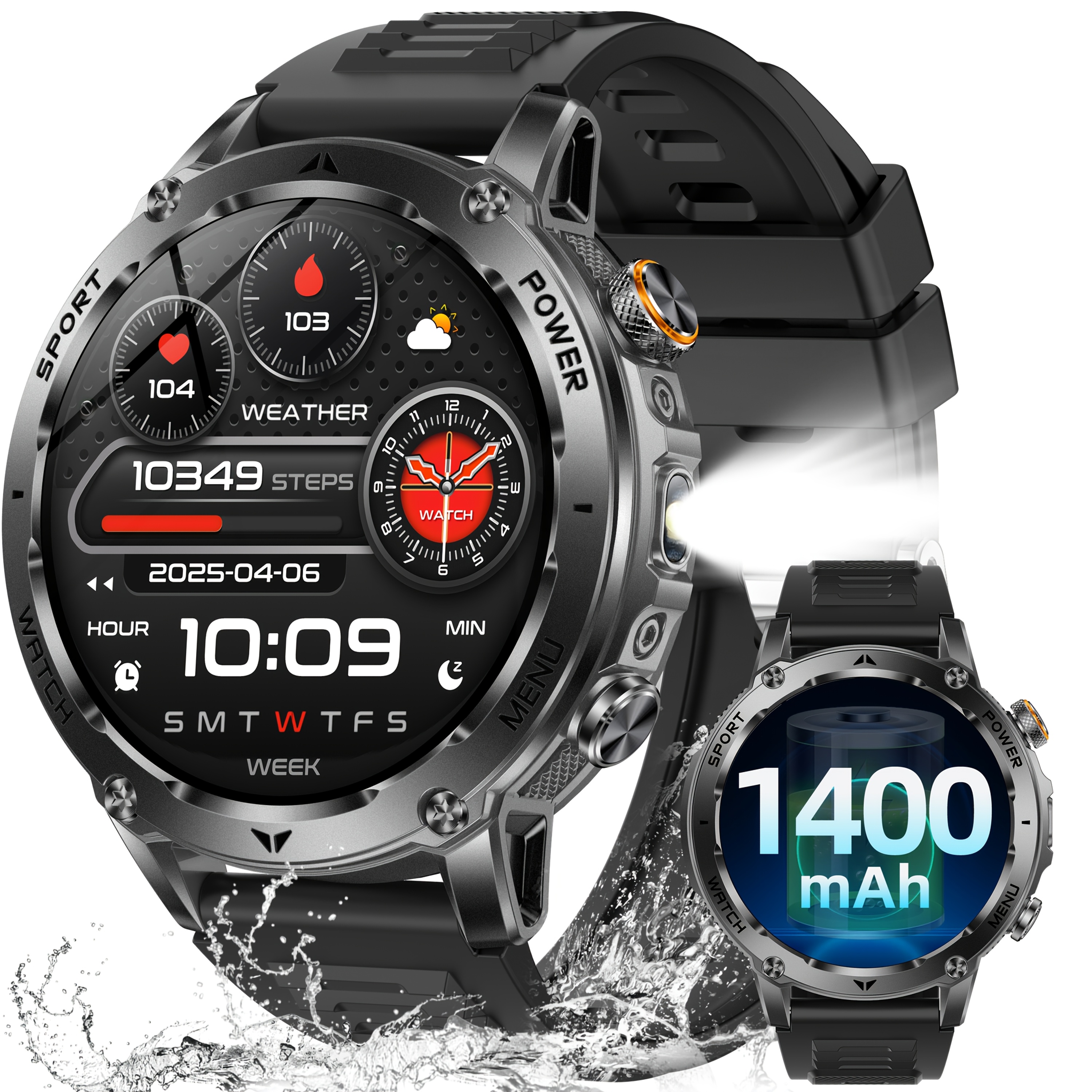 Image of Mingtawn Men's Smartwatch, 1400mah Large Battery, Ipx8, 1.7-inch Hd Screen, Led Flashlight, 100 , Wireless Call/, Pedometer, Sleep Monitoring, Compatible With Iphone And , Rugged Outdoor Sports Watch