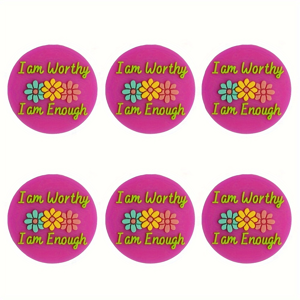 

6-piece Silicone Beads Set - 'i Am Worthy, I Am Enough' Motivational Characters For Diy Crafts, Colorful Ballpoint Pens & Keychain Accessories