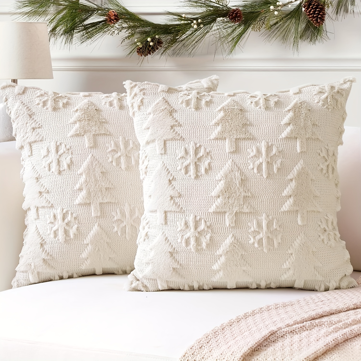 TEMU Set Of 2pcs Wool Snowflake Christmas Tree Jacquard Throw Pillow Covers, 18x18 Inches, Soft Christmas Tree Snowflake Cushion Covers, Suitable For