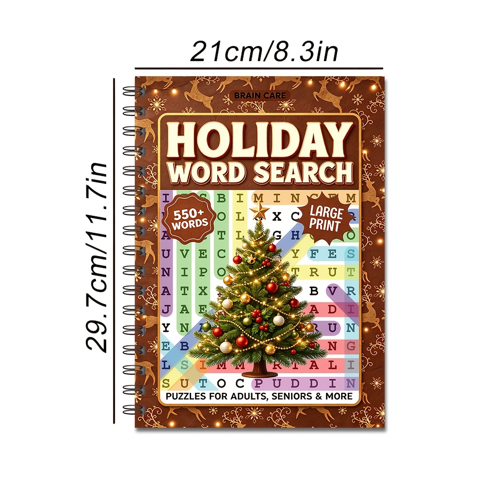 TEMU Large Print Puzzle Book Suitable For Adults & Seniors - Spiral-bound Flash Card Learning Games With Christmas Themed Brain Teasers, Vocabulary