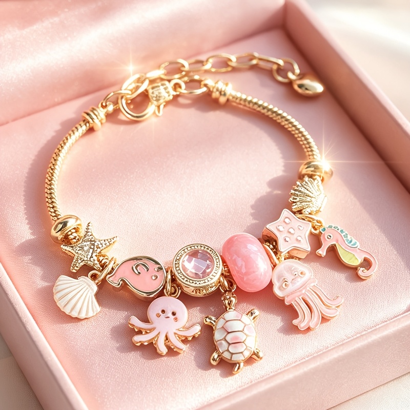 TEMU Women's Adjustable Charm Bracelet, Ocean Themed Snake Chain Bangle With Pink Beads, Starfish, Turtle, Octopus, Seahorse & Shell Pendants, Cute