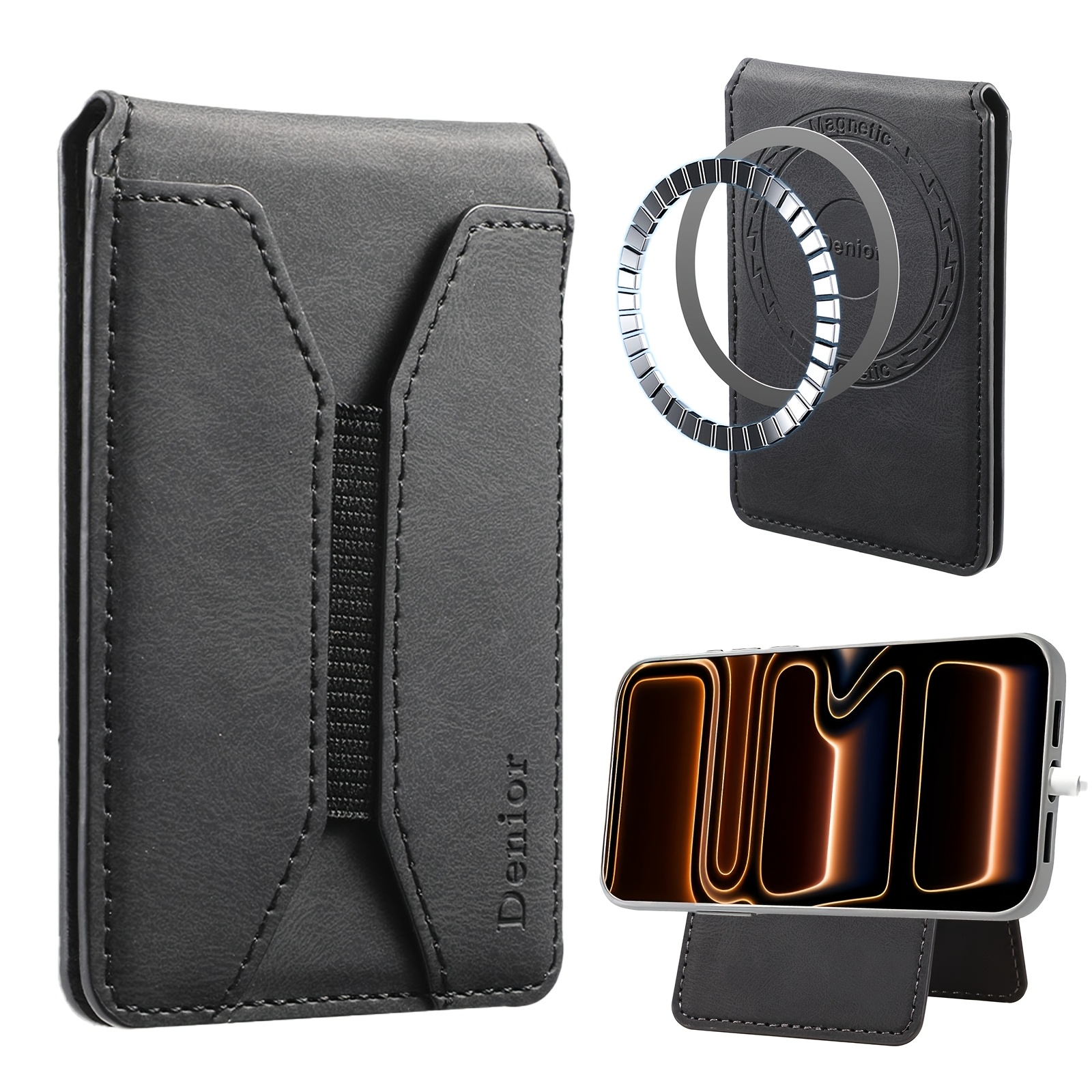 TEMU Denior Faux Leather Men's Phone Wallet With Window And Multiple Card Slots, Foldable Finger Grip And Viewing Stand, Slim Phone Back Card Holder