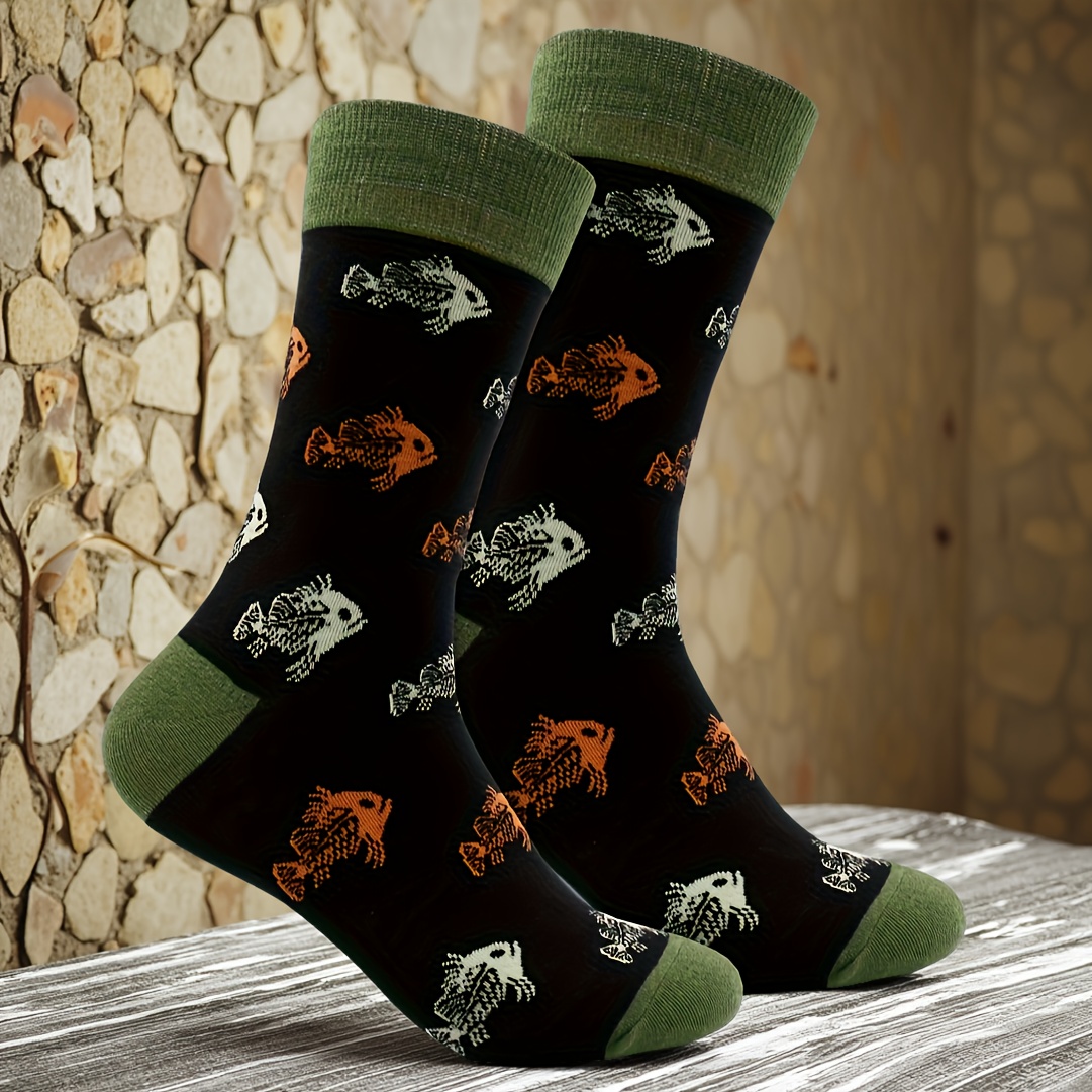 Image of 1 Pair Men's Fish Graphic Mid-calf Socks - Comfortable, Breathable, Fun Animal Design, Green Cuff, Black With Colorful Fish Patterns, Perfect Gift For Men, Cute Socks