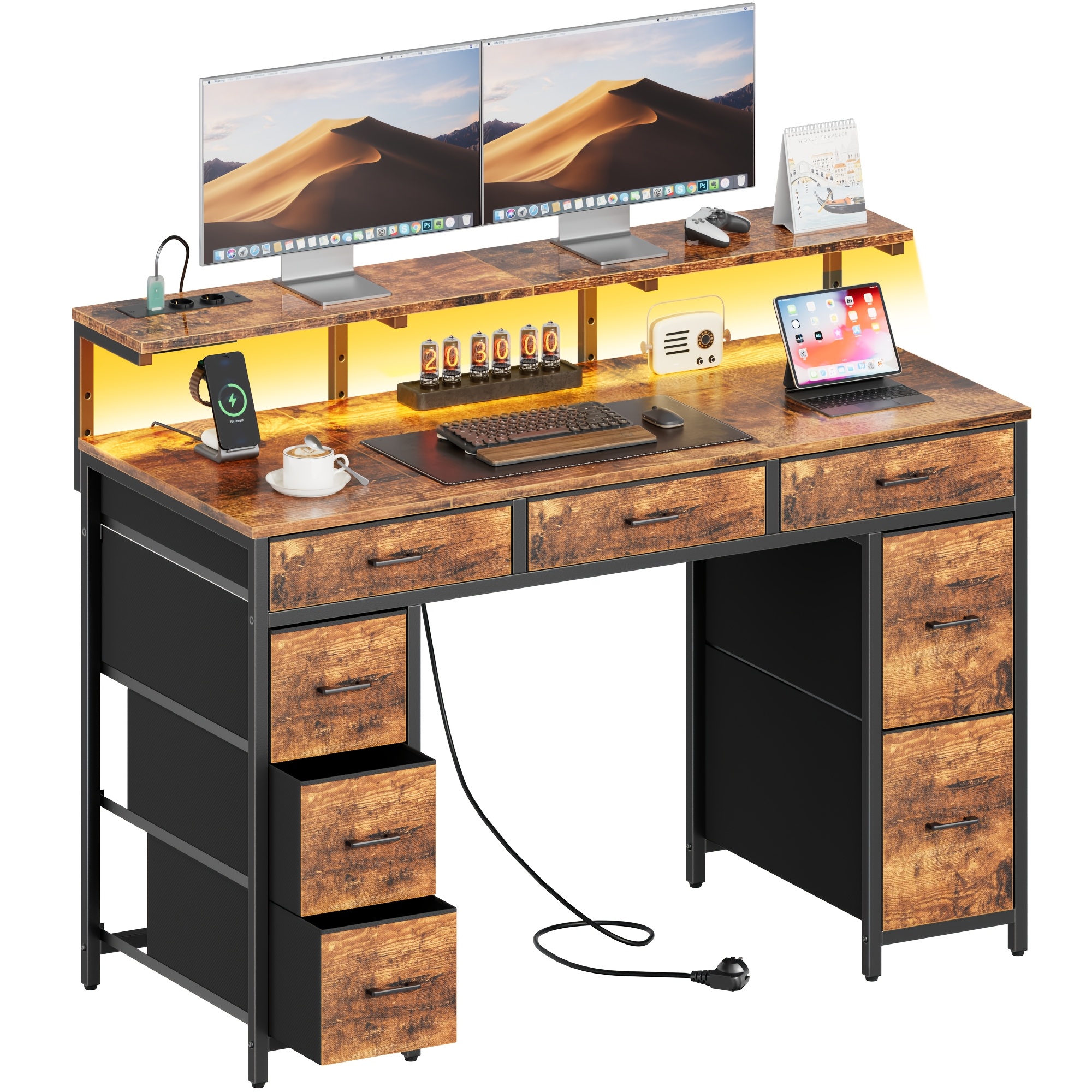 Gaming Desk With 8 Fabric Drawers, Monitor Stand With Led Light, European Power Strip (2 Ac/2 Usb), Wood Top, Adjustable Feet For Home Office/gaming Room