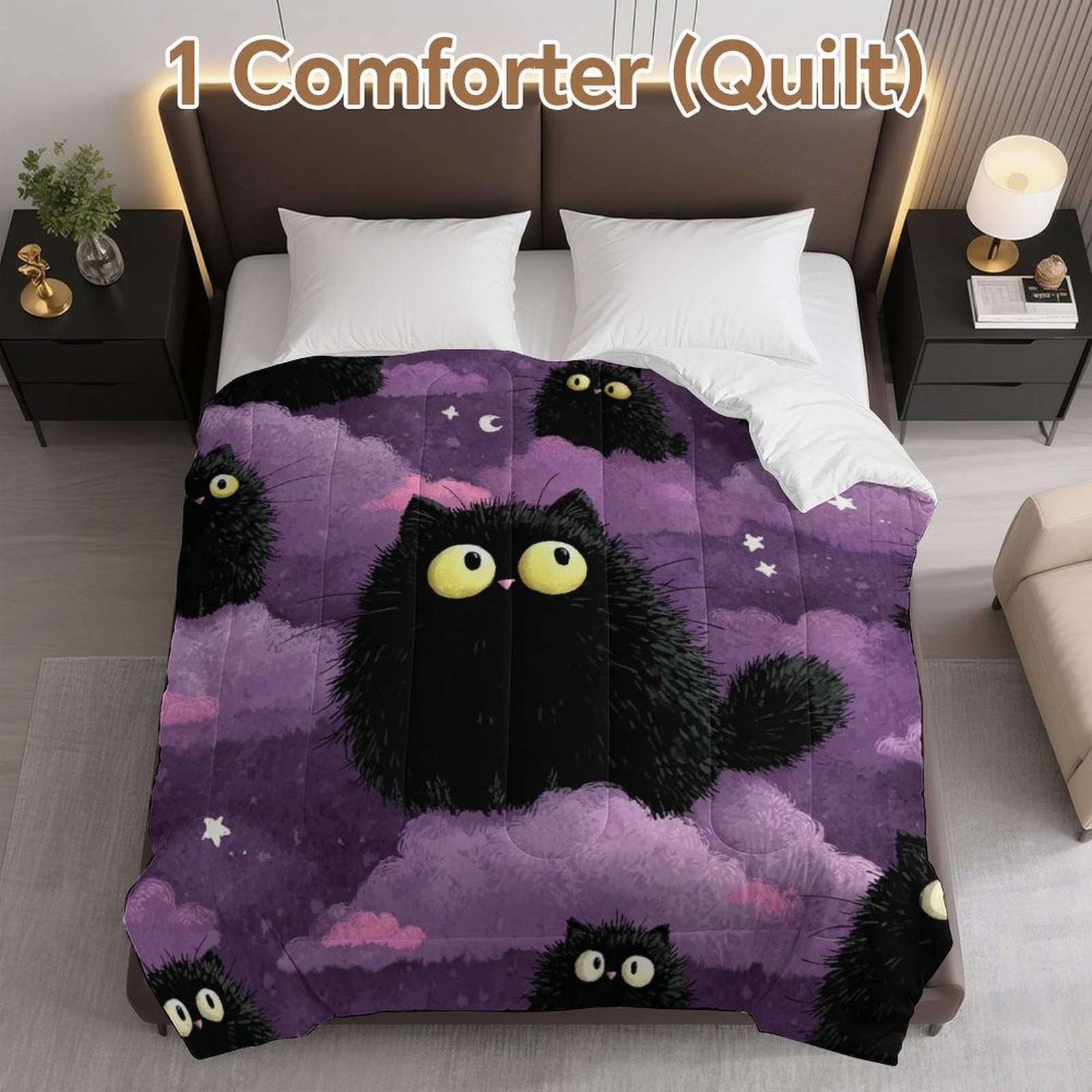 TEMU Single Piece Comforter Featuring Black Cats Clouds, Stylish And Cozy For Your Bed. Made From Soft, High-quality Materials, This Duvet Insert Is