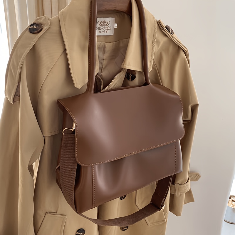 TEMU Women's Large Capacity Retro Tote Bag & Briefcase Suitable For Japan/korea Style, Adjustable Crossbody Strap With Detachable Handheld Pouch, Pvc
