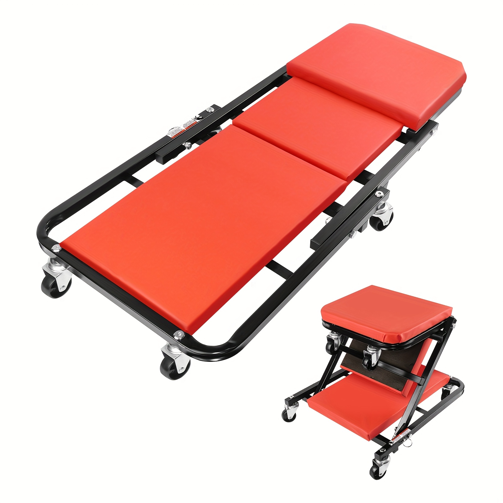 2-in-1 Folding Car Creeper | Mechanics Stool | Padded Crawler Board With Extra Head Padding | 6 Smooth-running Wheels | Load 150kg | Garage Workshop | Red | 36 Inch