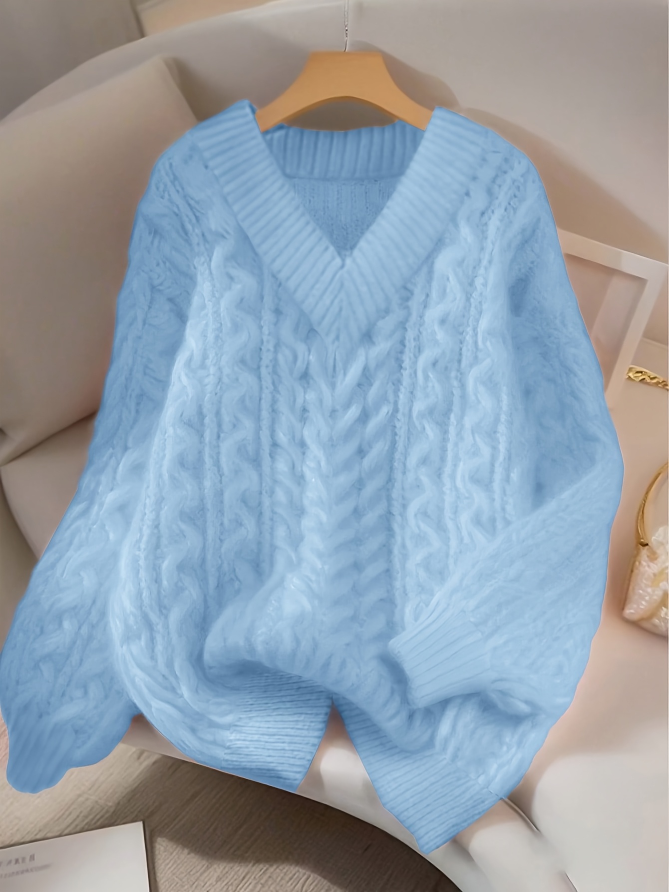 lazy style v neck chunky cable sweater for women soft and loose fit   ideal for fall winter