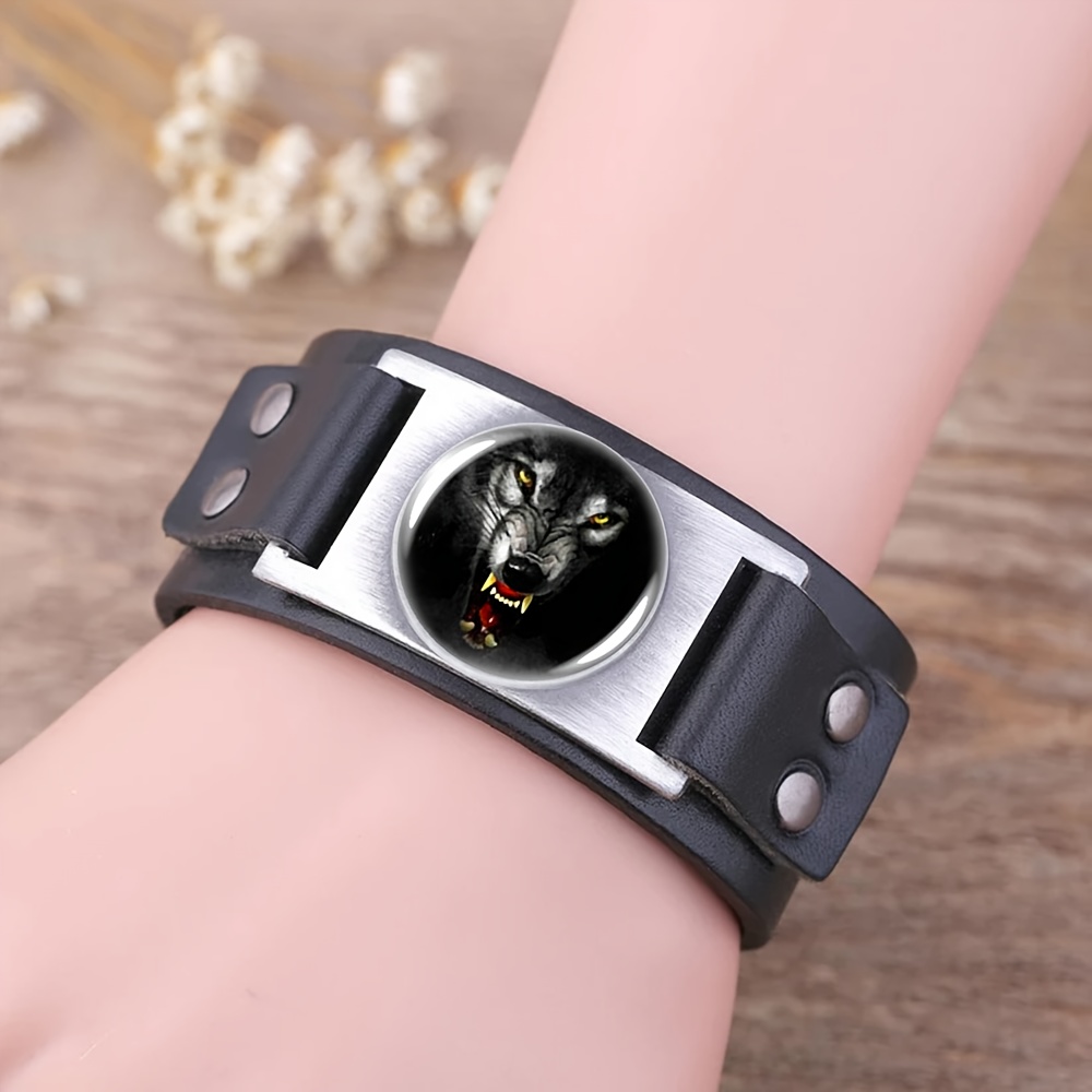 Unisex Wolf Head Design Faux Leather Bracelet, Gift Idea
