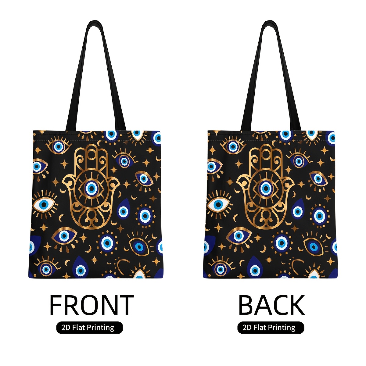 TEMU Shoulder Bag Featuring A Golden And Evil A Black Backdrop, Perfect For Outdoor Activities And Shopping. It Boasts A , Sturdy Handles, And Is