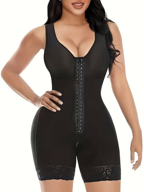 womens high waisted tummy control bodysuit with front zipper 3 row back buttons butt lifting shapewear black lace trim high compression for workout casual attire