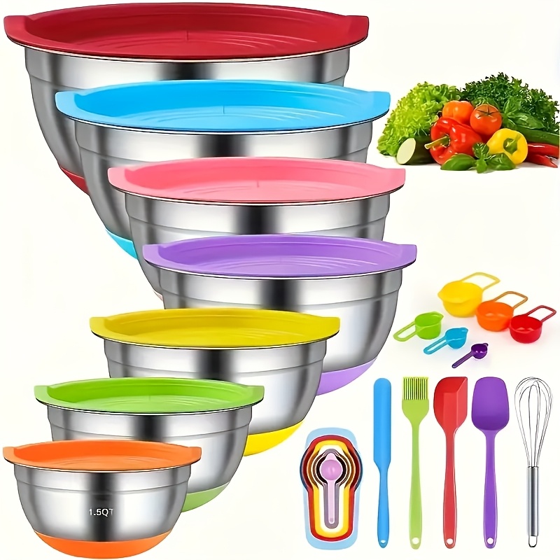 

18pcs Stainless Steel Nesting Mixing Bowls Set - Airtight , Non-slip Silicone Bottom, , Size 7, 5.5, 4, 3.5, 2.5, 2, 1.5 Qt, Ideal For Mixing And Serving