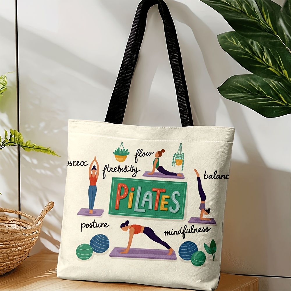 TEMU Borsa tote a tema Pilates con figure di yoga, tipografia colorata e motivi vegetali