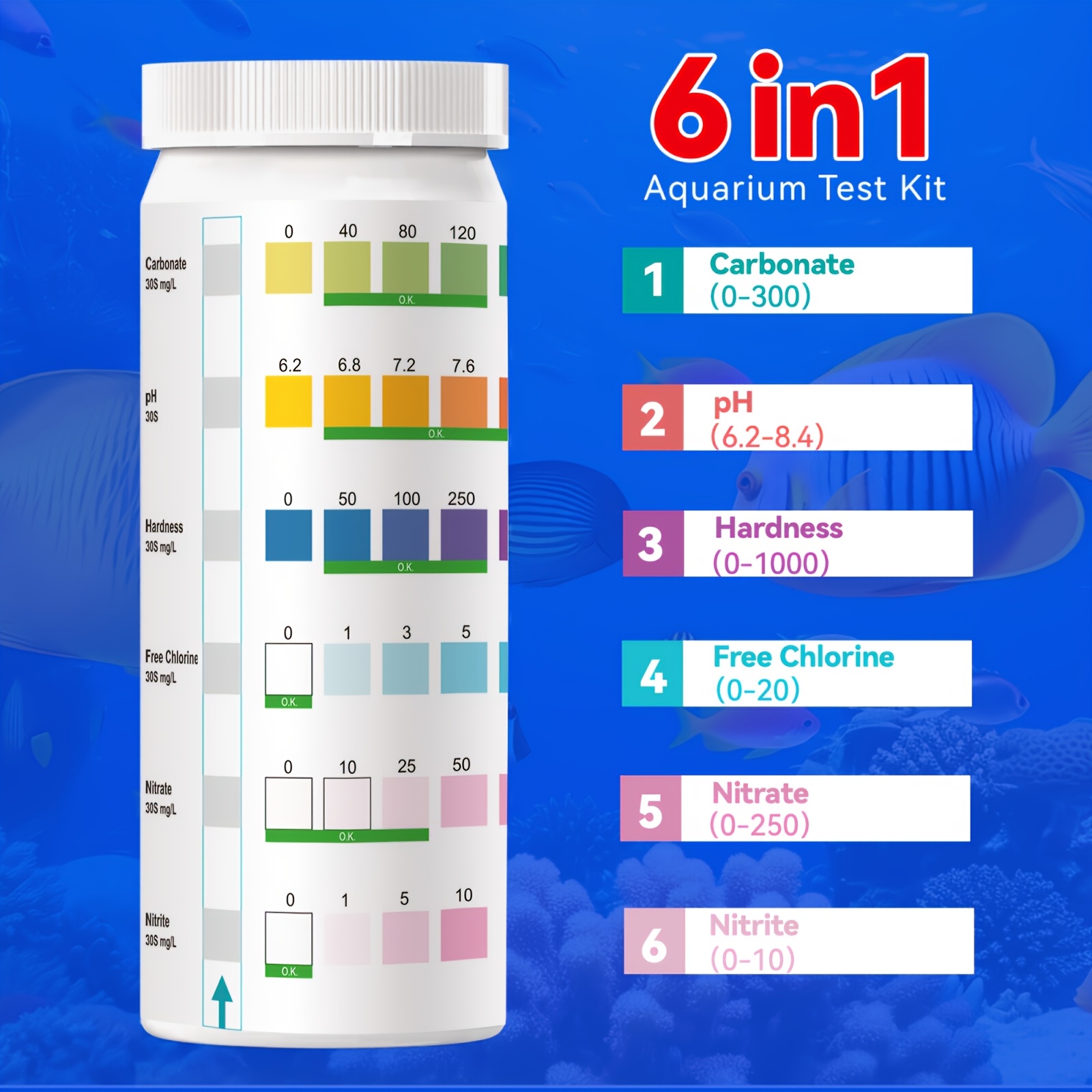 Aquarium Fish Tank 6-Item Water Quality Test Strips All-Round Detection Carbonate Nitrate Nitrite Hardness Residual Chlorine Ph Test Strips (100 Strips/Roll)