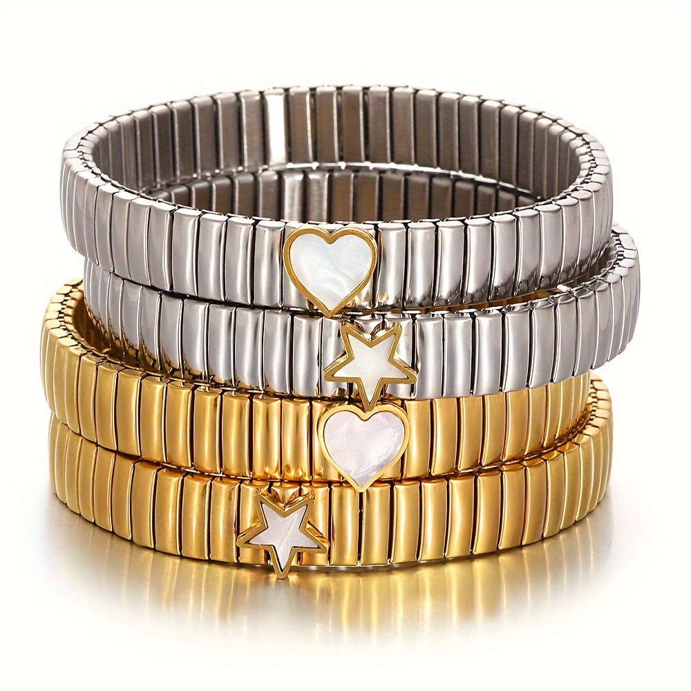 

Vintage Style Stainless Steel Stretchable Bracelet With Star And Heart Shell Charms