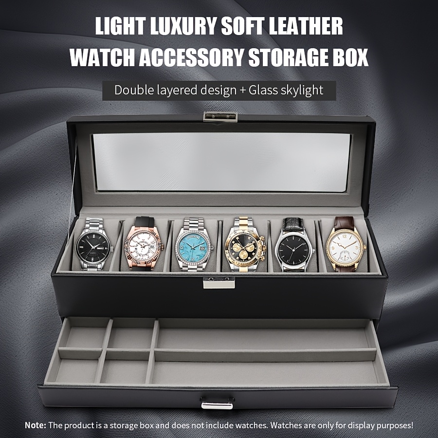 Image of Luxurious 6-slot Black Faux Leather Watch Storage Box With Cream Interior - Secure Latch Closure, Ideal For Men And Women's Mechanical And Electronic Watch Display, Jewelry Boxes