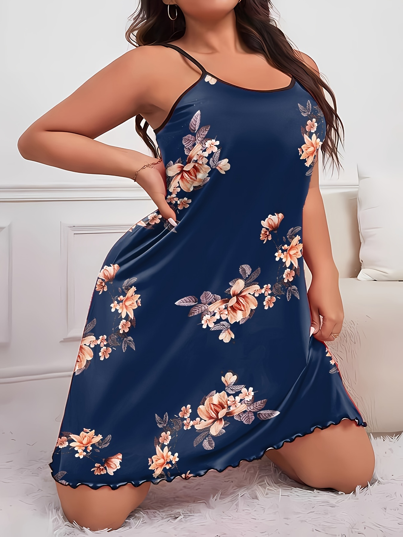 Women's Plus Sexy Loungewear Dress, Plus Size Floral Print Round Neck Frill Trim Cami Nightdress