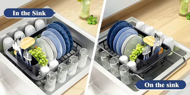 expandable dish rack with utensil holder adjustable over the sink or countertop design metal kitchen organizer for plates cups utensils holidays everyday use countertop dish rack sleek dish holder durable kitchenware Product details 2