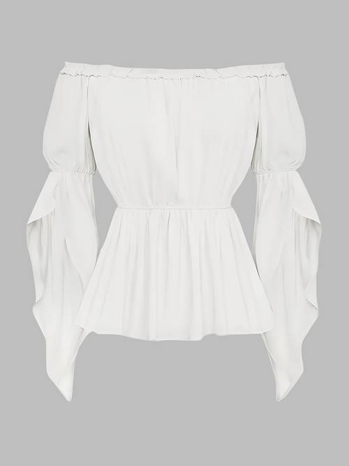 french style vintage off the shoulder top for women designer niche style waist cinching ruffle flared sleeve shirt elegant off shoulder blouse womens renaissance shirt with ruched sleeves off shoulder ruffle blouse top
