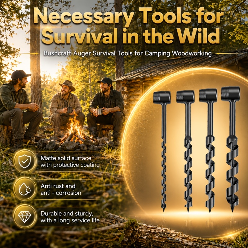 Image of Bushcraft Hand Drill With 4 Auger Bits 10-25mm, Manual Woodworking Tool For Outdoor Camping, Steel Drill For Shelter Building