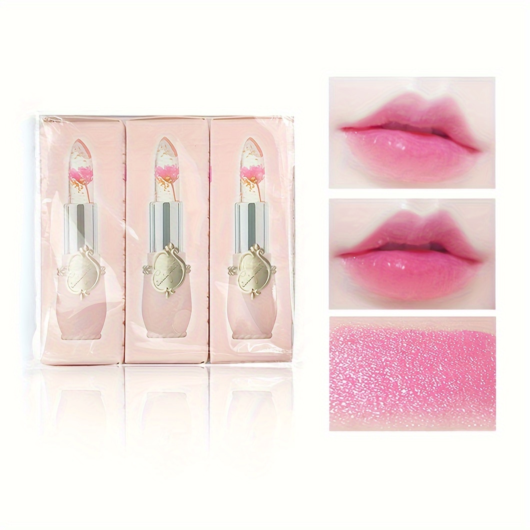

3pcs/set, Moisturizing Jelly Temperature Color Changing Lipstick Set With Fresh Flowers, Long-lasting Flower Lip Balm, Gift Set, Lip Care Makeup Gifts For Women
