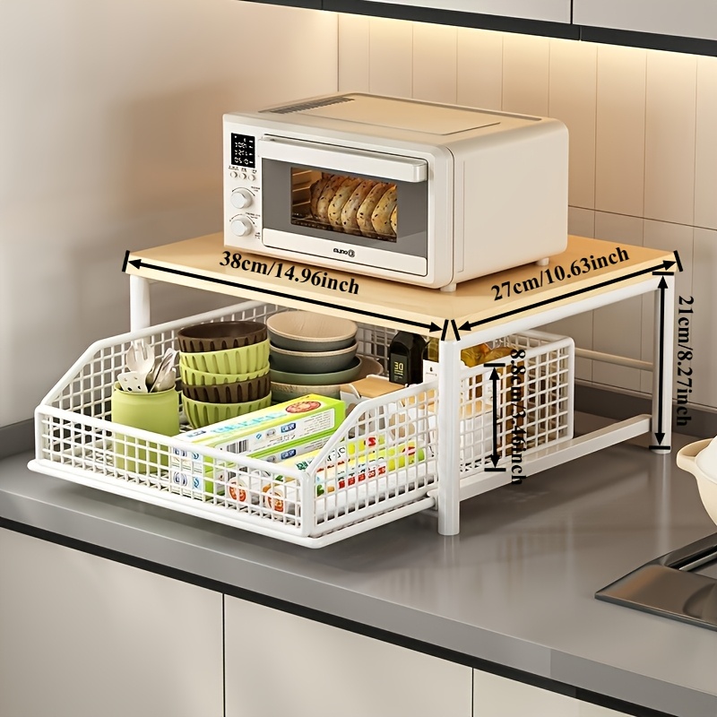 Heavy-duty Reinforced Double-tier Shelf,home Kitchen Microwave Rack, Solid Wood Panelmulti-functional Utensil And Food Organizer