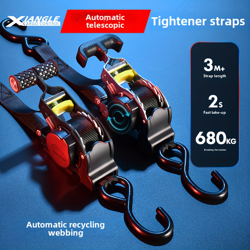 

2.0 Upgraded Motorcycle Automatic Recycling Tightener Straps With Black Electrophoresis And T-handle White Zinc - 3.3m Length, 680kg Tensile Strength - Suitable For Motorcycle, Car, And Travel Use