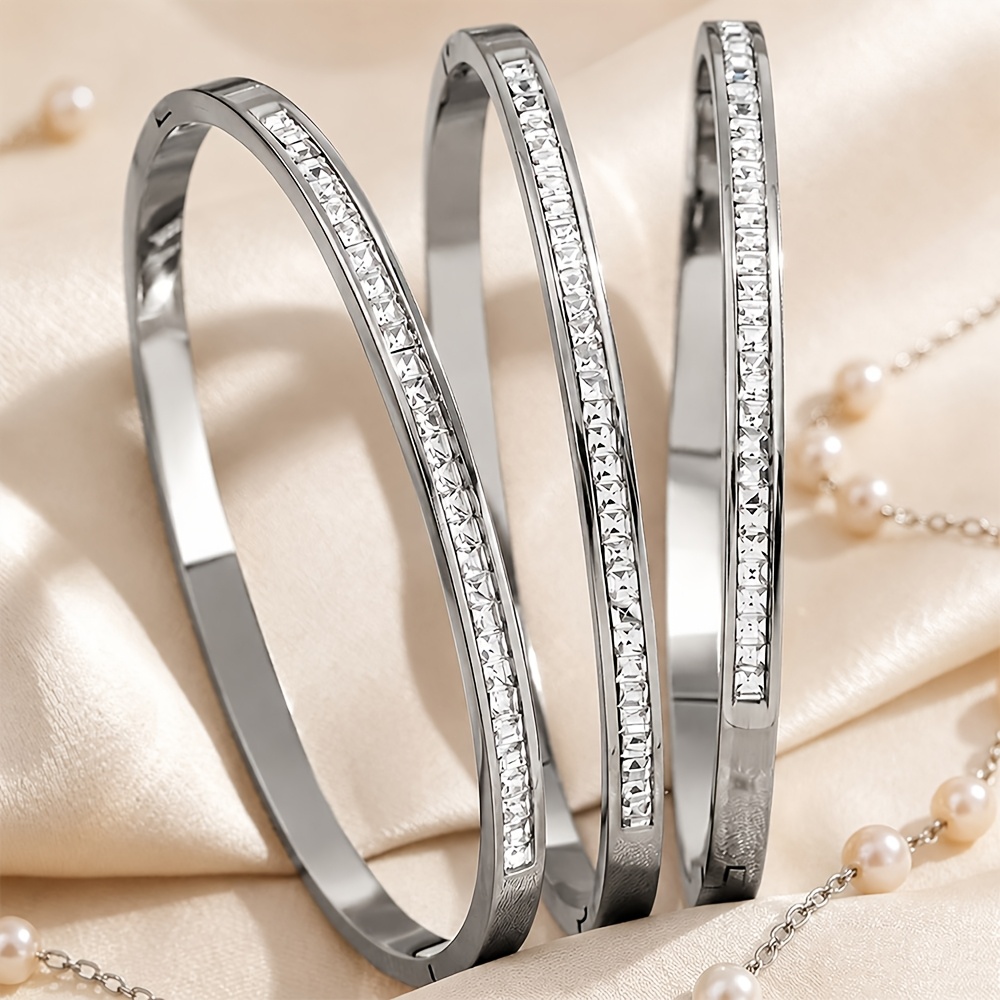 TEMU 3pcs 18k Gold-plated Stainless Steel Women's Bracelet Set, Shiny Synthetic Inlaid Hinged Bangle, Luxurious Daily And Party Jewelry Gift
