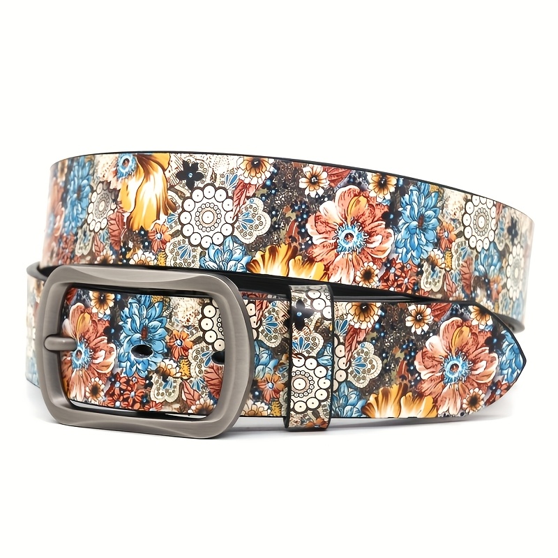 E-shop Vintage Blumenmuster Gürtel mit klassischer Dornschließe, Western-Cowboy-Stil Taillengürtel, Y2K-Accessoire für Kleider Jeans