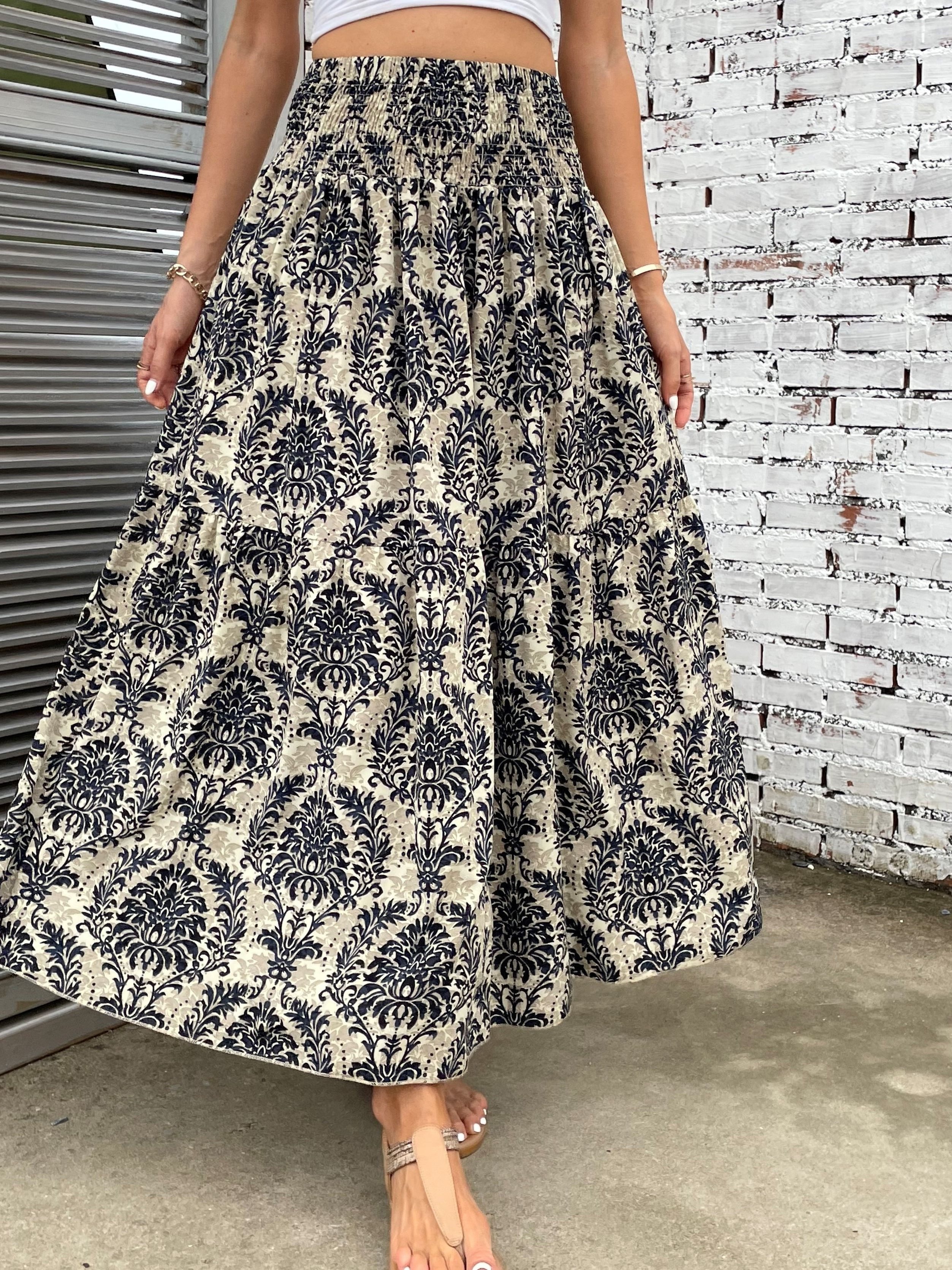 Paisley Print Shirred Waist Skirt Casual Beach Wear Skirt - Temu