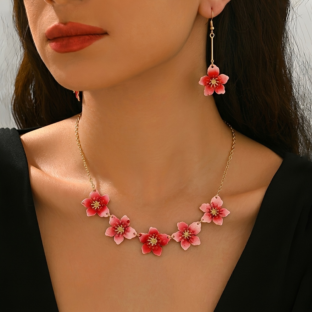 2pcs Romantic Gradient Red Flowers Necklace and Earrings Set