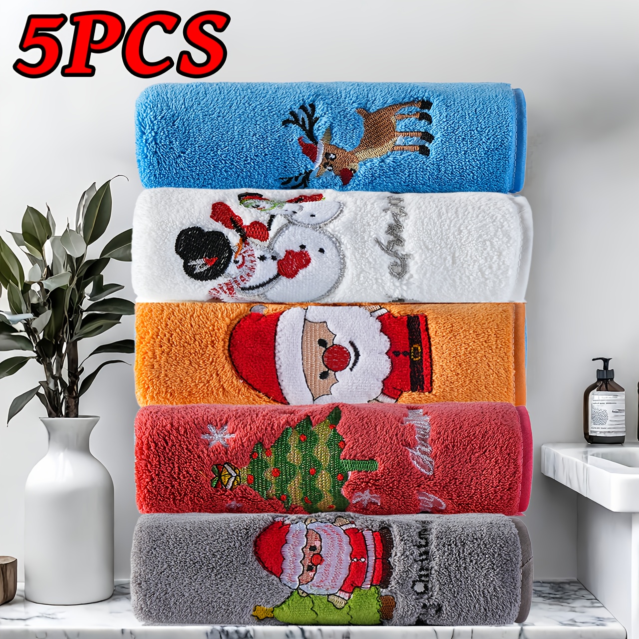 Image of 5pcs Christmas Coral Fleece Towel Set, Embroidered With Snowman, Christmas Tree, And Reindeer Patterns. This Festive Towel Set Is Perfect For Christmas And An For Couple's Bathrooms And Holiday Gifts