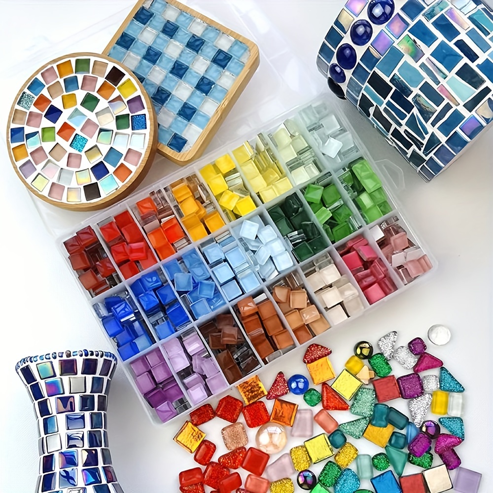 

1100pcs Crystal Mosaic Glass Tile Set - Vibrant Art & Craft Squares, Transparent Bulk Kit For Diy Jewelry, Decorations, Multi-colored Assortment