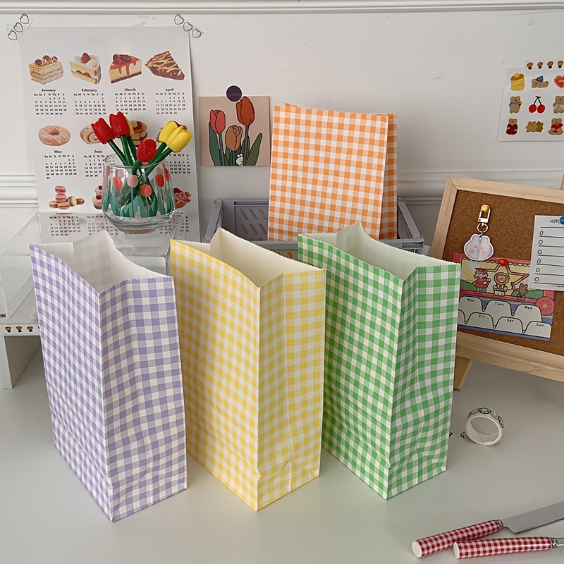TEMU 9pcs Paper Gift Bags, 23x15x8cm – Assorted Red, Orange, Yellow, Green, And Purple Checkered Bags For Party Favors, Gift Wrapping, Weddings,