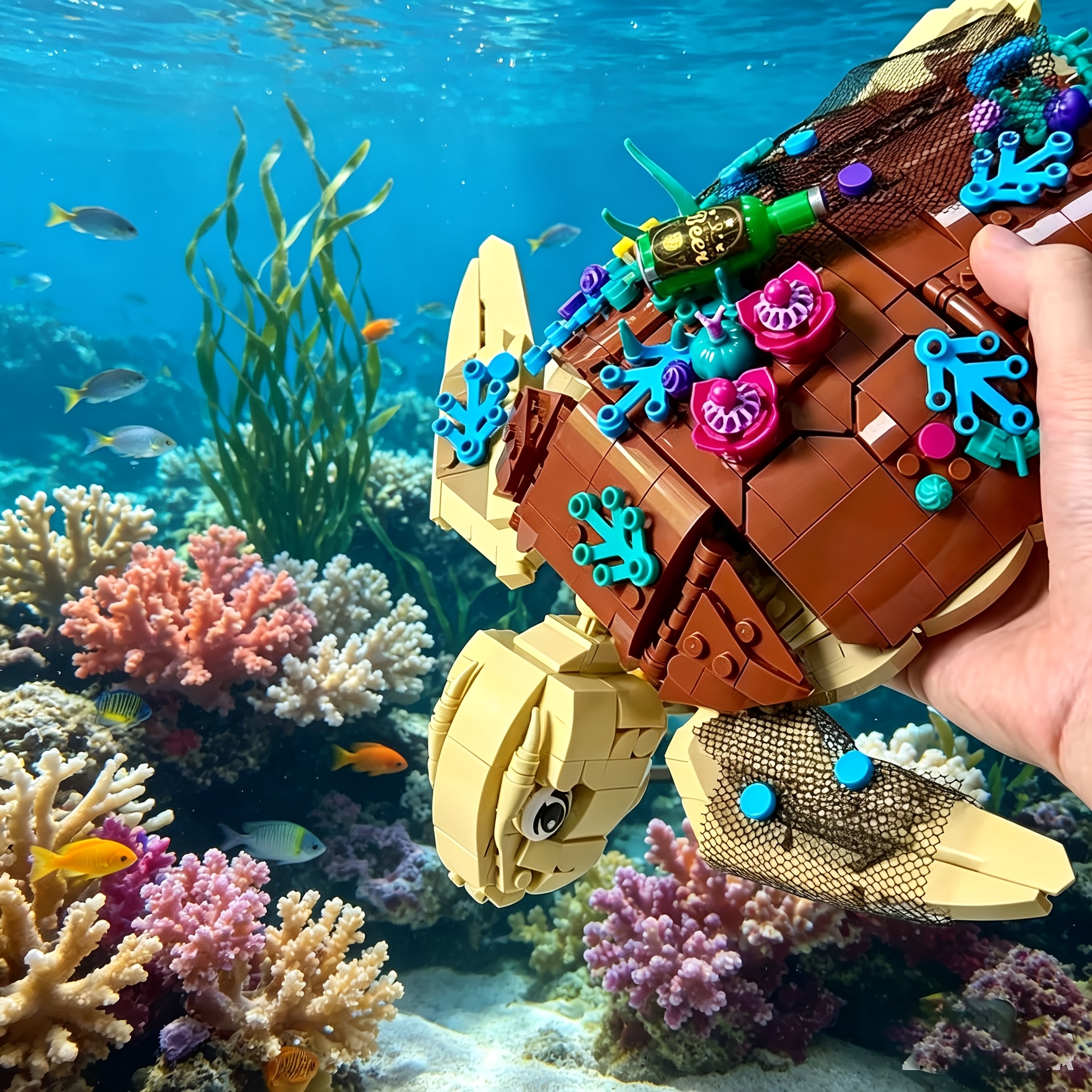 Submarine Sea Turtle Assembly Block Set with Coral Base