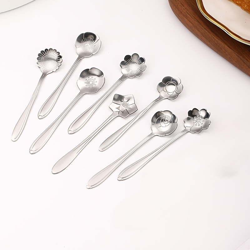 TEMU 8pcs Flower Spoon Set, Small Teaspoon Coffee Spoon, Cute Ice Cream Dessert Spoon Silvery Golden Stainless Steel Spoon For Coffee Tea.