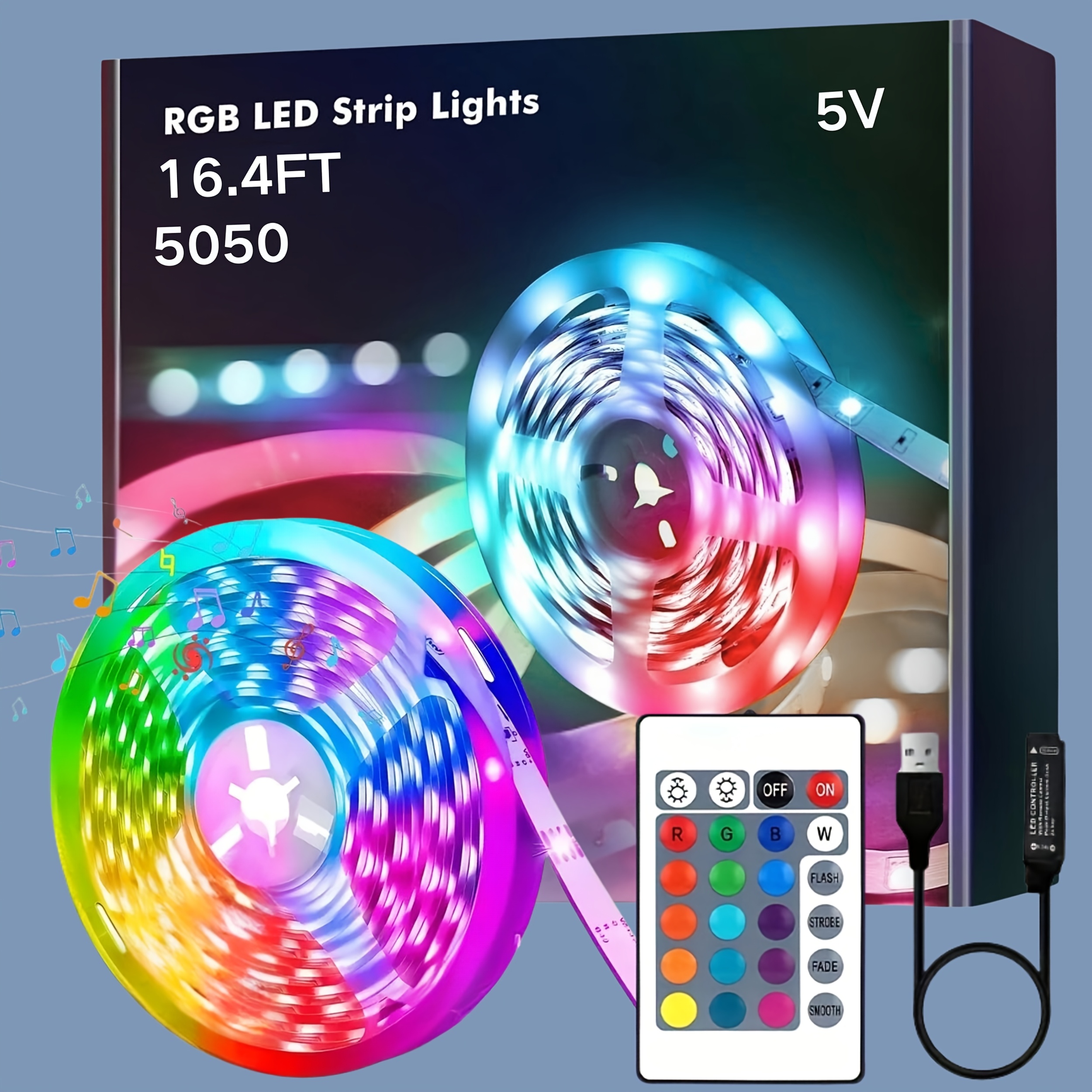 TEMU Rgb Led Light Strip With Control, 24-color & Dimmable Brightness, Usb-powered 5050 Smd Rgbw-like (white) Lighting, Flexible Adhesive Tape For Tv