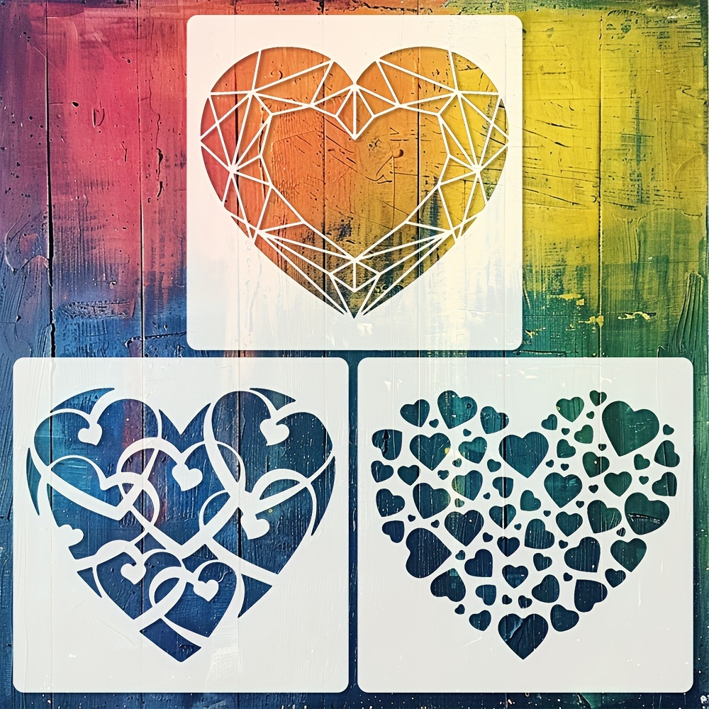 

3pcs Heart Stencil Set For Painting, Reusable Diy Craft Templates With For Wood, Canvas, Walls, Furniture Decoration - 6x6 Inch