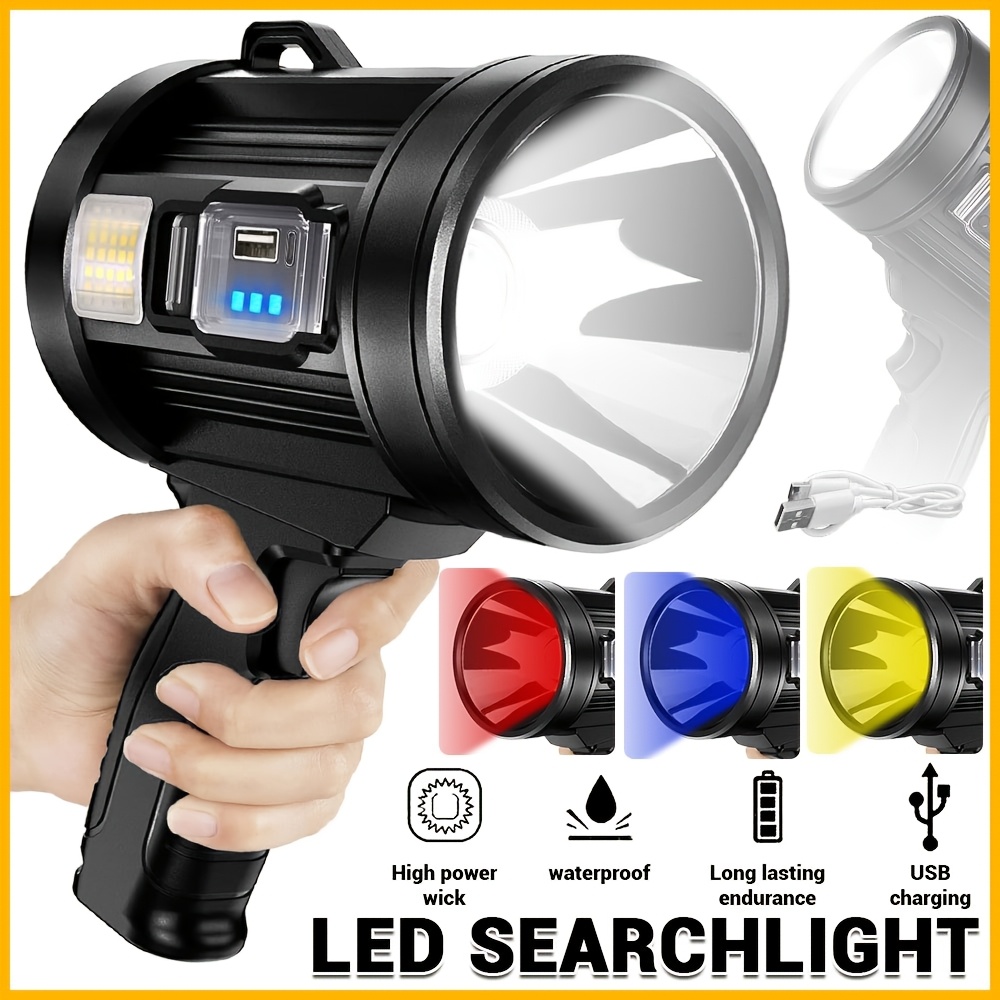 

000lumen Led Spotlight With Tripod - Rechargeable,, 6 , 3 Color Filters, Usb Flashlight For Hunting, Boating, Camping