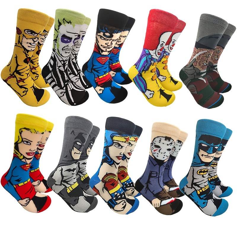 TEMU 5 Pairs Random Unisex Superman Wonder Woman Batman Socks, Breathable, Suitable For Halloween, Christmas, And Birthday Gifts