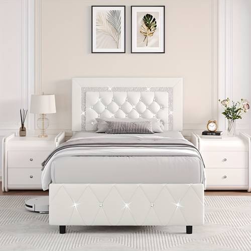 bed frame in twin full queen and king sizes featuring a padded platform with a button tufted headboard designed bed with a diamond pattern suitable for halloween decor wooden slats for support