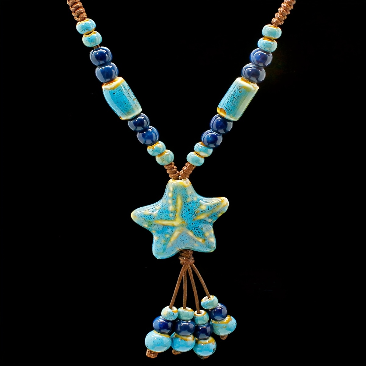 Boho Starfish Necklace with Brown Cord & Tassel Charms