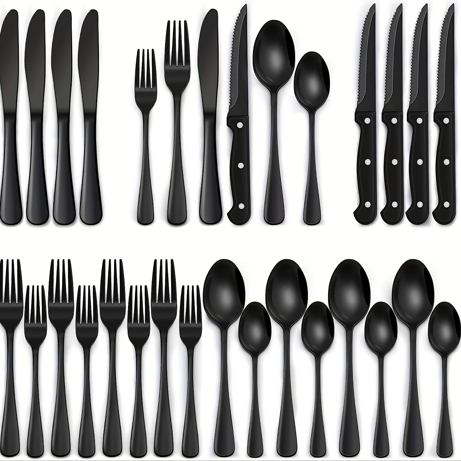 

24/48-piece Black Silverware Set With Steak Knives, Stainless Steel Flatware Cutlery Set For 4/8, Matte Black Metal Eating Utensils Sets Include Forks And Spoons Knife, Modern Design & Rust Proof