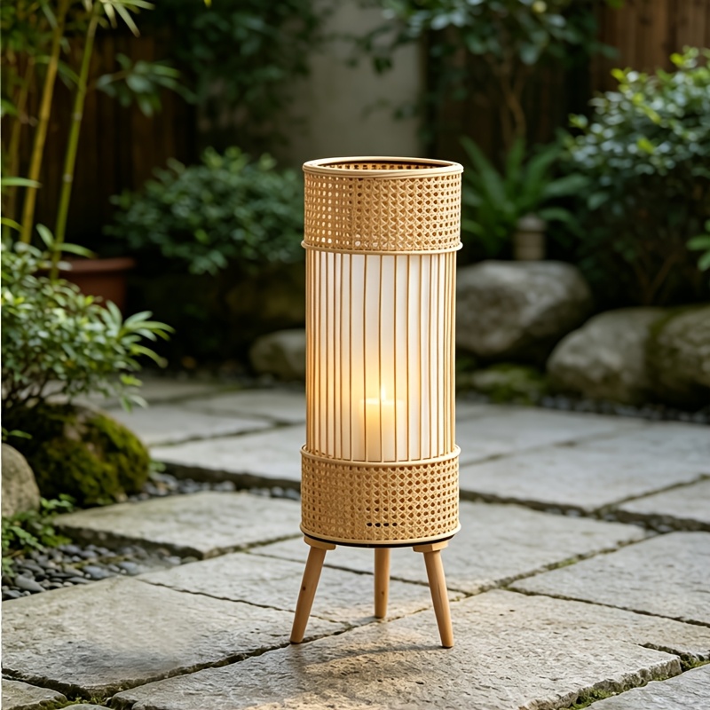 Retro High-End Handmade Rattan Woven Lantern, Creative Columnar Candle Holder, Festive Romantic Atmosphere Decoration, Christmas Decoration, Living Room Bedroom Accent Wind Lantern Ornament