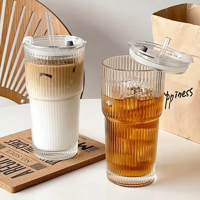 1 2 ins large capacity reusable glass cup with leak proof lid straw vertical striped design oval shape for hot cold beverages modern drinkware for coffee home holiday gifts office drinkware stylish beverage container hand wash only tea Product details 1